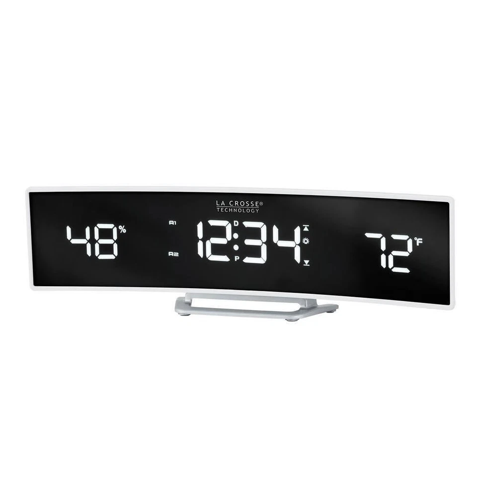 Alarm Clock White Curved Glass Screen Mirrored LED Lens Display USB Port Modern - Image 2 of 4