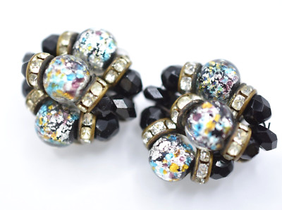 Vintage Miriam Haskell ? Wired Murano Glass Black Confetti Rhinestone Earrings
