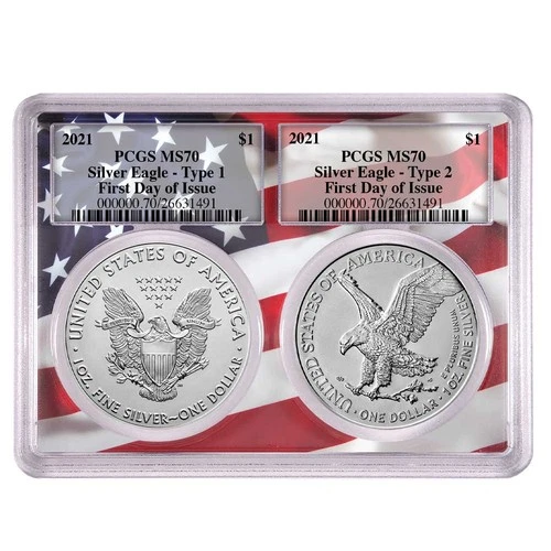 2021 $1 Type 1 and Type 2 Silver Eagle Set PCGS MS70 FDOI Flag Frame