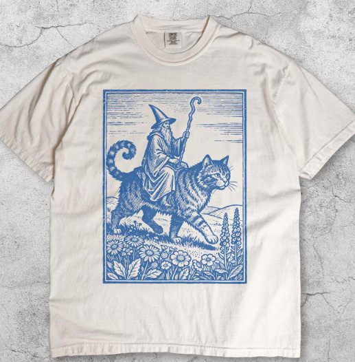 Wizard Cat Rider Vintage T-Shirt, Retro Fantasy Graphic Tee, Medieval Sorcerer