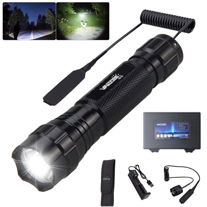 500 Yards Rechargeable LED White Light Hunting Flashlight Predator Torch Battery
