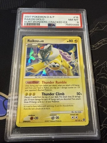 2007 Pokemon D&P Secret Wonders # 16 Raikou Cracked Ice Holo PSA 8 Card NM-MINT!