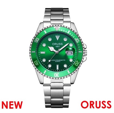 ORUSS 1853 DIVER MENS GREEN SILVER 40MM QUARTZ STEEL WATCH NIB