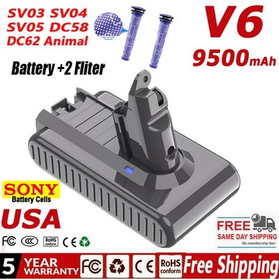 For Dyson V6 Battery DC58 DC59 DC61 DC62 Animal 9.5Ah Battery+2pcs Filters