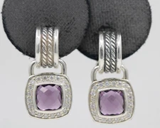 David Yurman Sterling Silver 7mm Amethyst & Diamond Albion Dangle Earrings