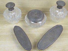 antico SET DA TOELETTA in vetro e argento Porta cipria profumo spazzola d'epoca