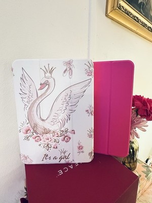 Swan Pink White Synthetic Leather Folding Folio Case Tablet Cover