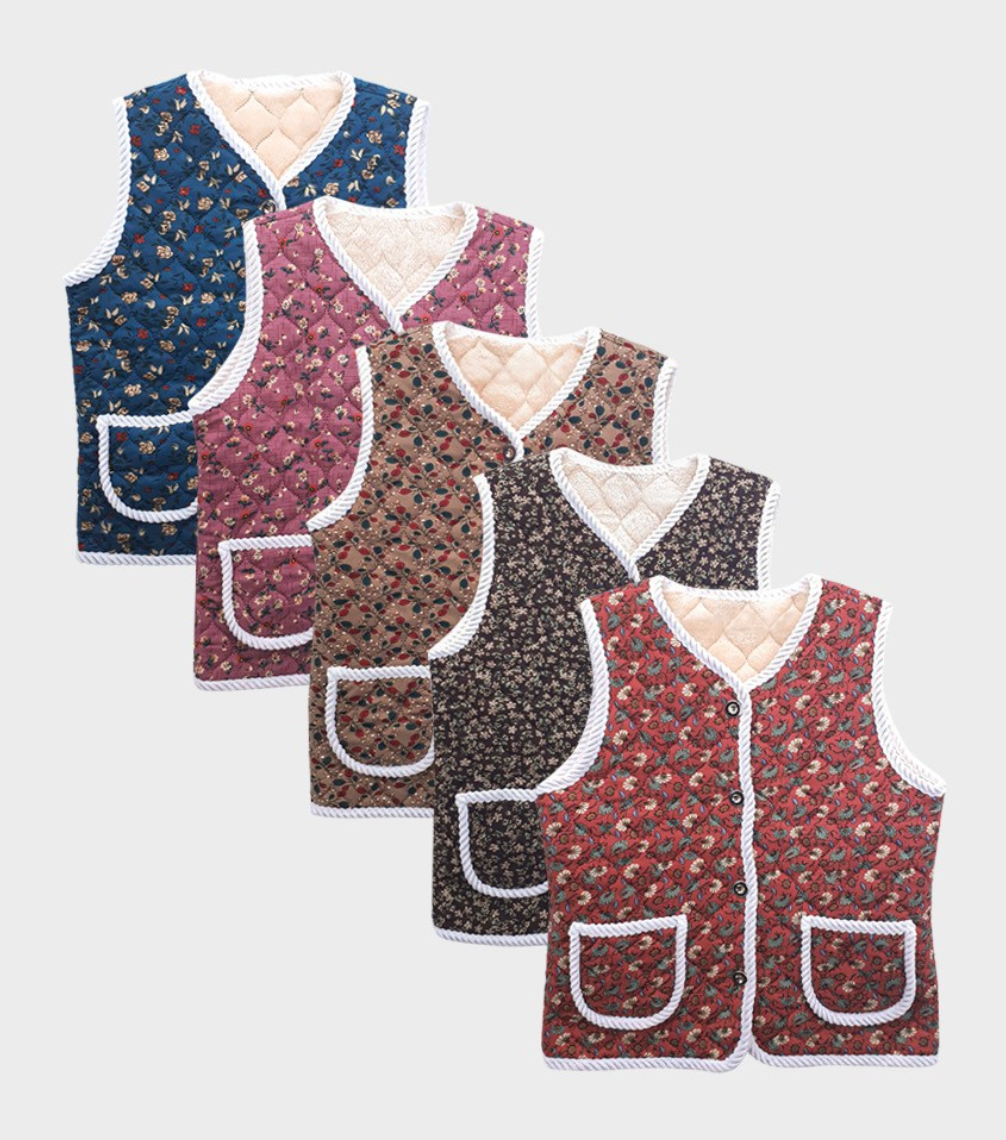 Korean Granny Floral Quilted Vest - Warm Fleece Lined | Winter Waistcoat