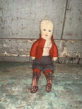 Antique American Cloth Painted Face Boy Rag Doll
