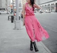 Womens Pink Cocktail Xmas Sleeveless Three flo Floral Lace Midi Dress Size 12-14