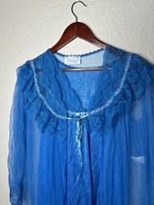 Vintage Peignoir Dreamwear Lingerie Set Robe Night Gown Medium Blue Lace Floral
