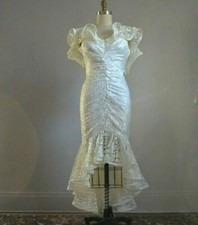 TRUE VINTAGE IVORY LACE LONG DRESS w/ SHIRRED CENTER  HIGH LOW HEMLINE Mint  