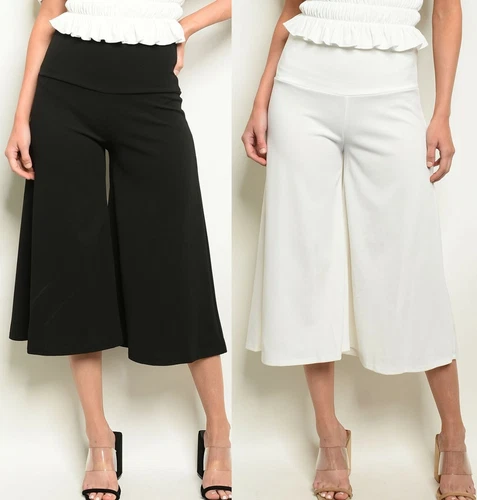 Foldover Waist Wide Leg Cropped Capri Gaucho Knit Pants