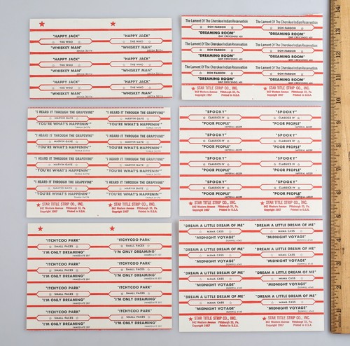 NOS Juke Box Title Strip Paper Labels The Who Marvin Gaye Mama Cass Small Faces