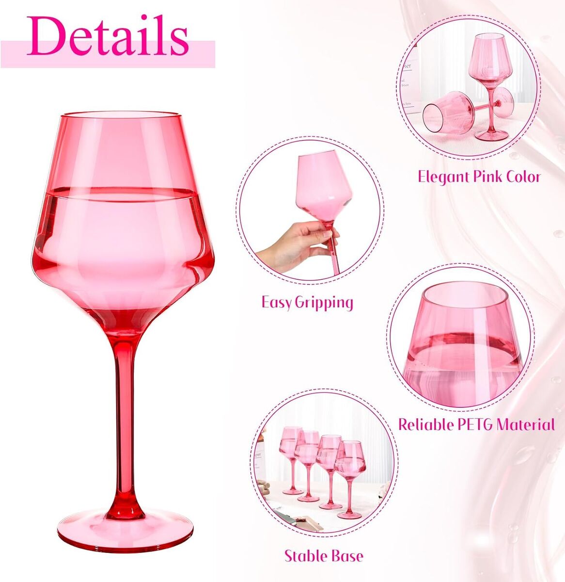 Leinuosen 24 Pcs Plastic Wine Glasses Bulk 15 oz Pink Crystal