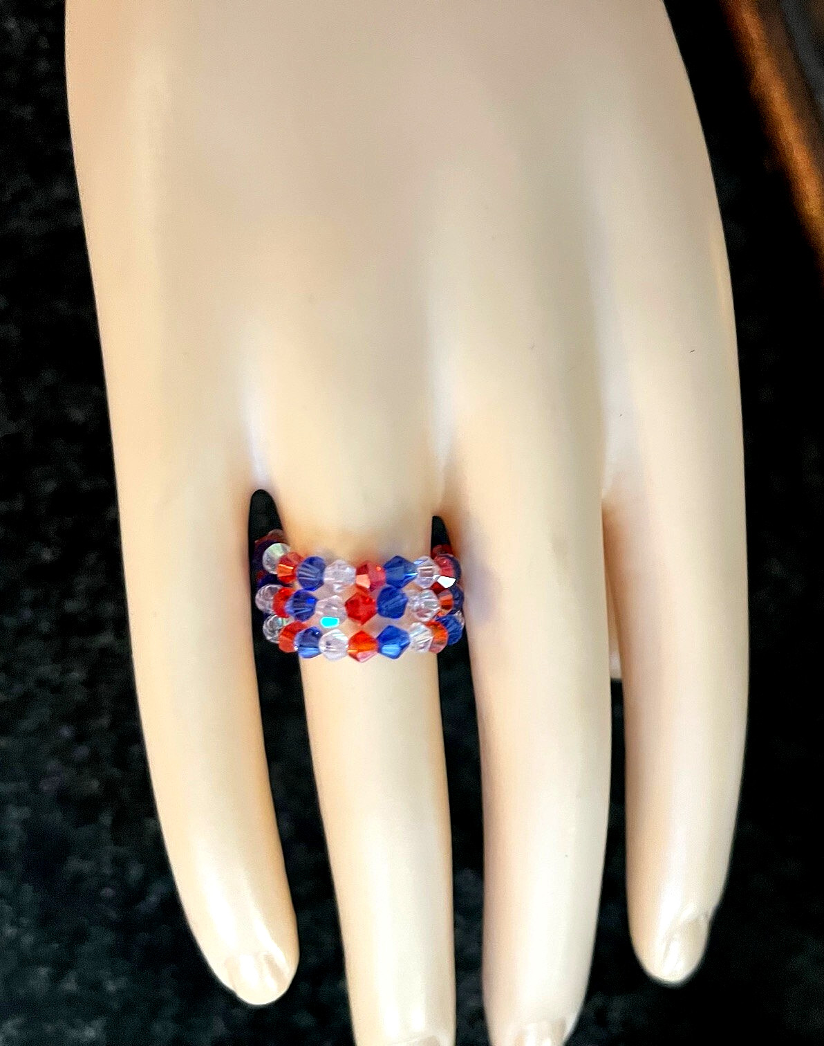 4th of July Patriotic Sparkly Glass Bead Stretch Rings Set of 3 Red White & Blue