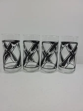 VTG Corning Corelle 4 LYRICS 16-oz Water Ice Tea Glasses Black Tulip Floral HTF