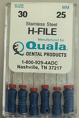 Quala Dental Endodontic Stainless Steel H-File W/Endo Stop 6Pk #30 25mm Hedstrom