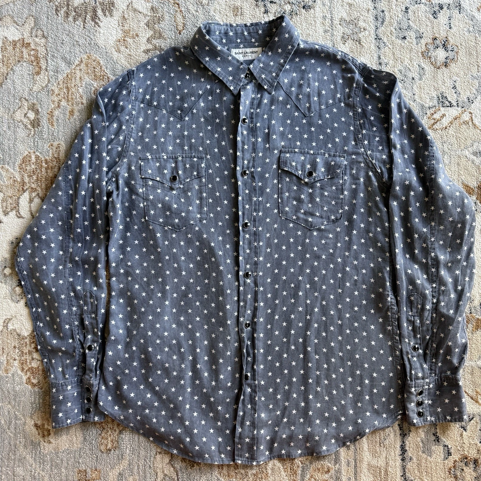 Saint Laurent Paris Stars Western Shirt Mens Size XL Pearl Snap Button Blue YSL
Opens in a new windo