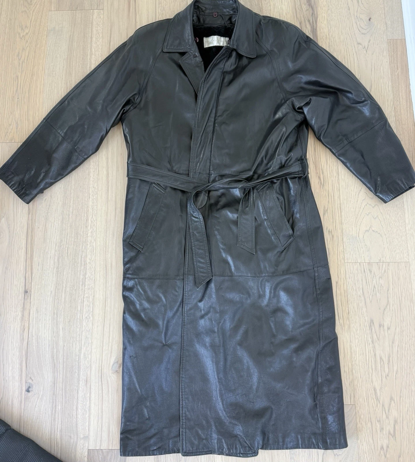Perry Ellis Sport Men’s Vintage Full Length Genuine Leather and Fur Trench Coat - product detail image 3