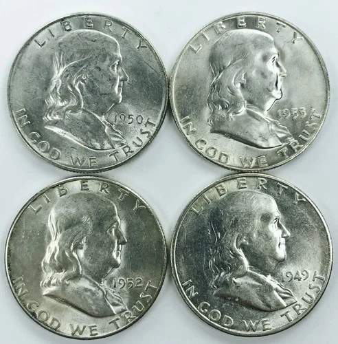 MIXED DATE FRANKLIN HALF DOLLAR LOT! RARE DATES! BU+++! 4 TOTAL COINS! NR #P2245