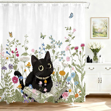 Floral Shower Curtain for Bathroom, Cute Funny Cat Shower Curtain with 12 Hooks