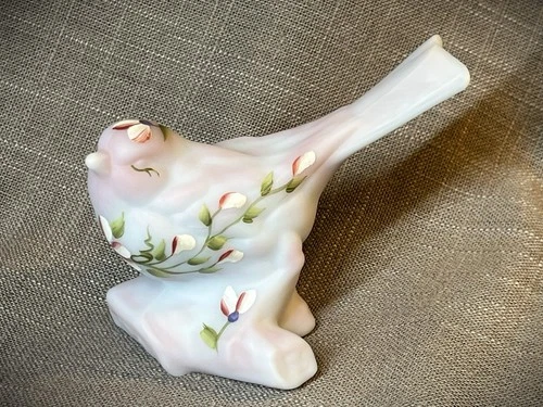 Fenton Bird On A Log Figurine Blue Burmese Glass 2003 Museum Set Signed Painted.