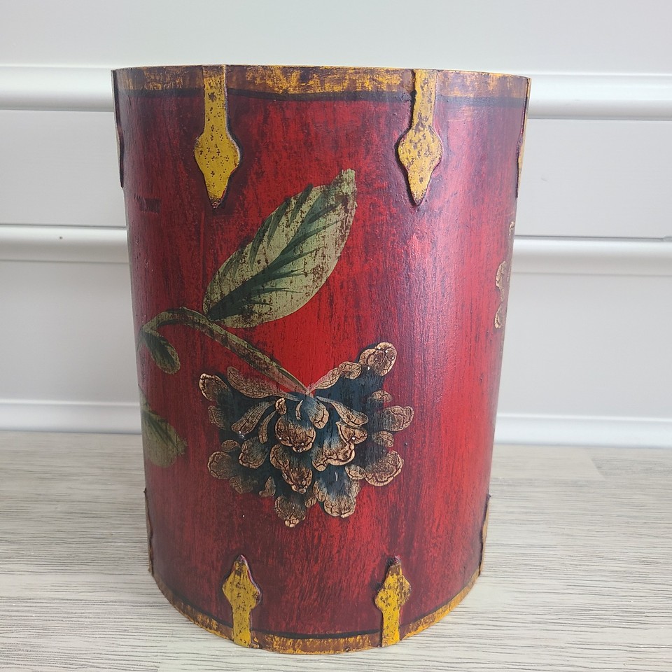 Rustic Garbage Pail VTG Painted Tole Wood Waste Basket Trash Bin Planter Crackle & Floral ...