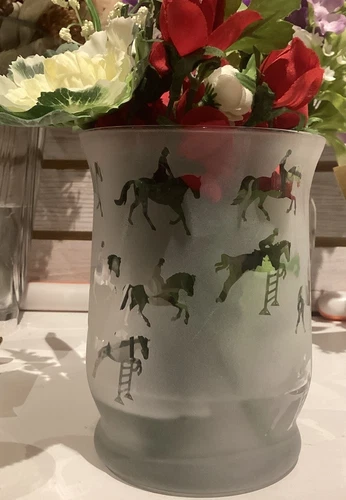 Hunter Jumper Etched Glass Vase With Artificial Flowers  Equestrian Decor