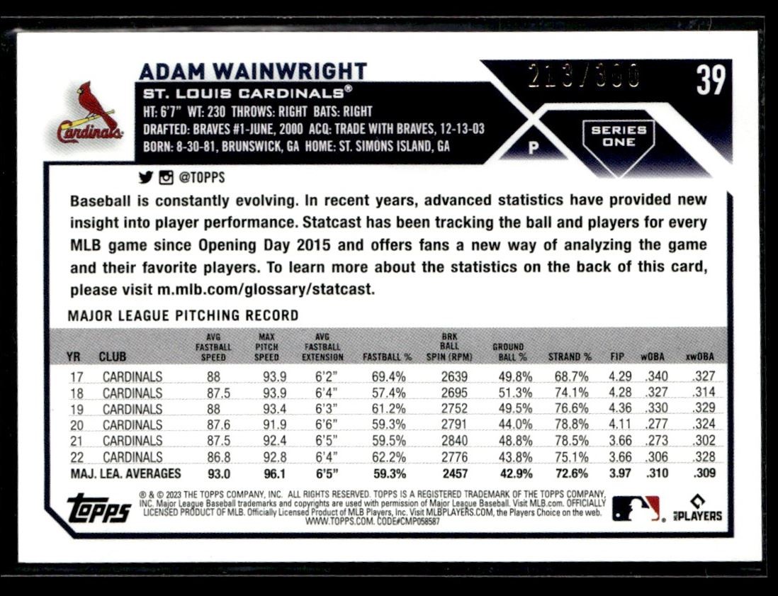 2023 Topps Advanced Stats Adam Wainwright 213/300 St. Louis