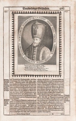 Murad IV. Sultan Turkey Ottoman Empire Türkei Portrait Kupferstich Merian 1640.