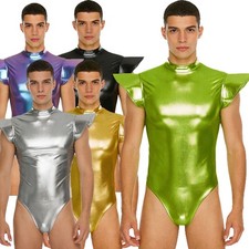 Mens Jumpsuit Shiny Fly Sleeve Mock Neck Back Zipper Leotard Bodysuit Clubwear