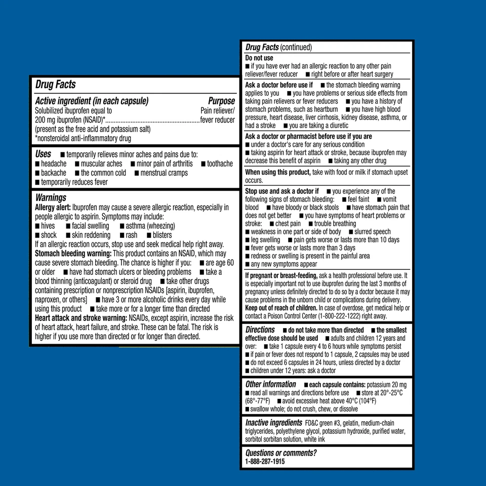 Mini cápsulas blandas Equate Ibuprofeno analgésico y reductor de fiebre 200 mg 160 unidades Foto 3 de 4