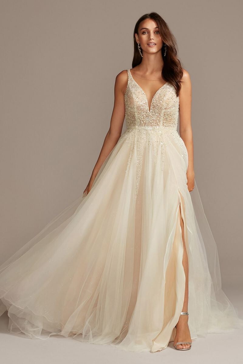 david's bridal illusion lace dress A-Line Wedding Dress with Illusion Lace Neckline
