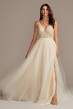 David's Bridal Plunging-V Illusion Wedding Dress, Ivory/Dark Champagne SIZE 6