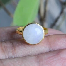 Natural White Rainbow Moonstone Round Gemstone 925 Sterling Silver Stacking Ring