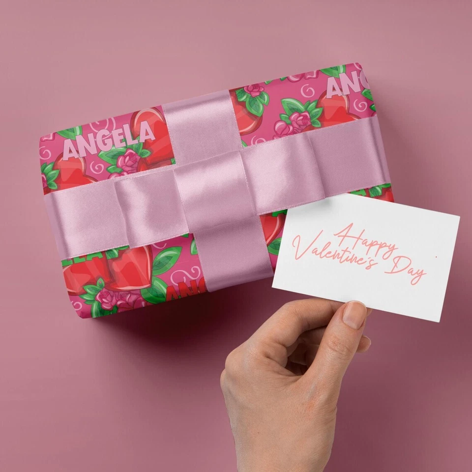 Floral Name Personalized Gift Wrapping Paper Birthday w/ Hearts Print Gift Wrap - Image 4 of 4