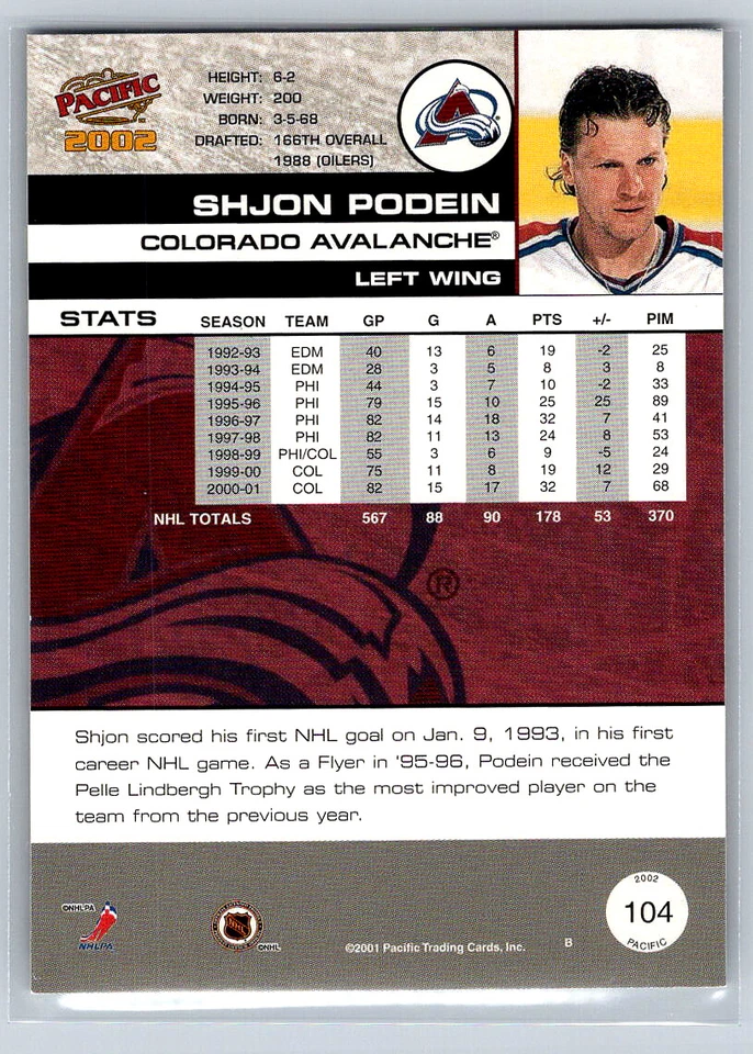 # 104 Shjon Podein Colorado Avalanche 2001-02 Pacific - Image 2 of 2