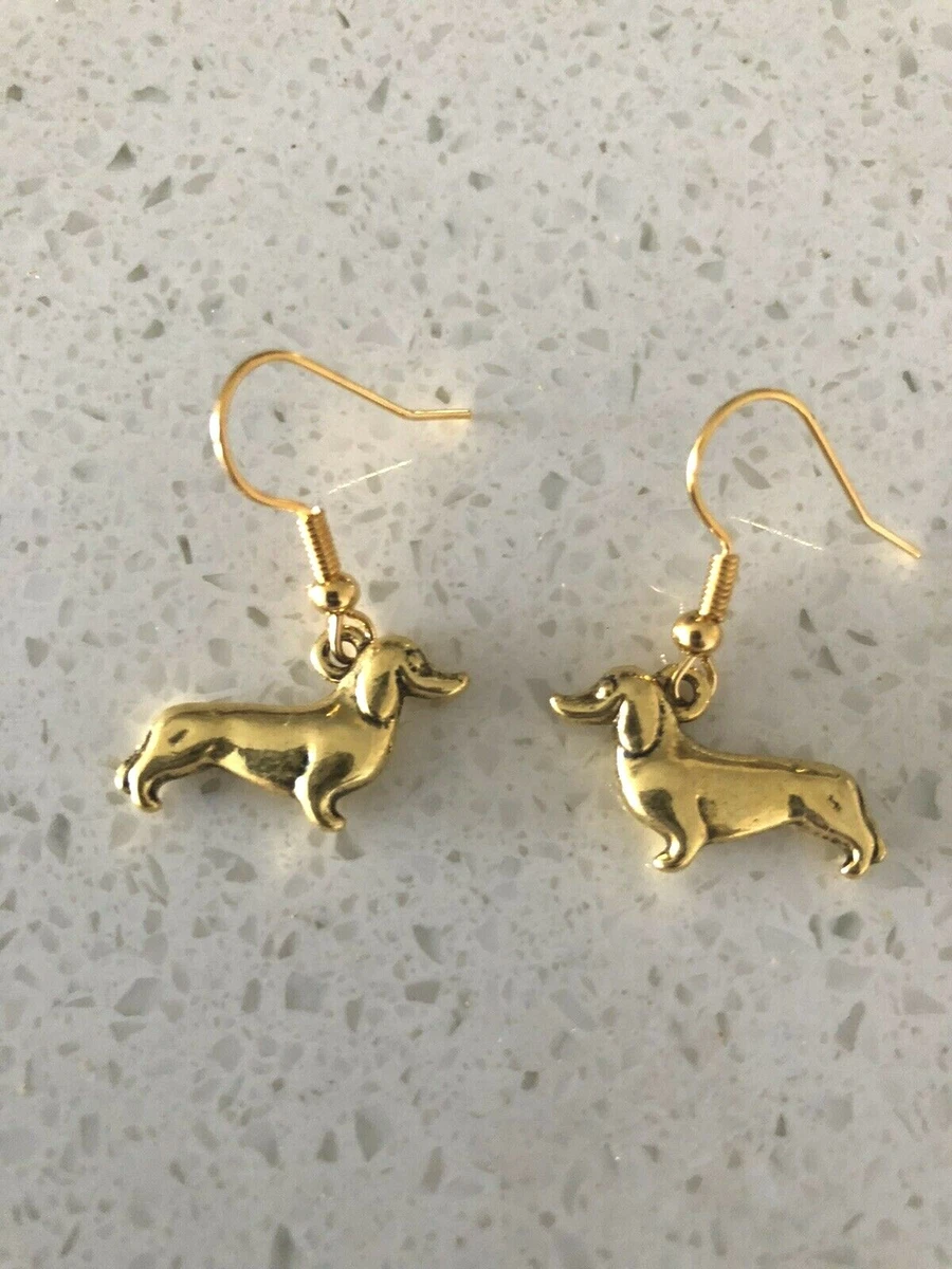 GOLD DACHSHUND SAUSAGE DOG EARRINGS 20 mm LONG GOLD HOOKS AUSSIE
