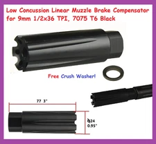 Low Concussion Linear Muzzle Brake Compensator for 9mm 1/2x36 TPI, 7075 T6 Black
