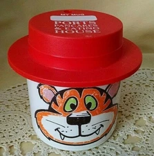 PORTS PANCAKES EATING HOUSE MUG LID CHILDS PLASTIC TIGER WHIRLEY IND WARREN PA.