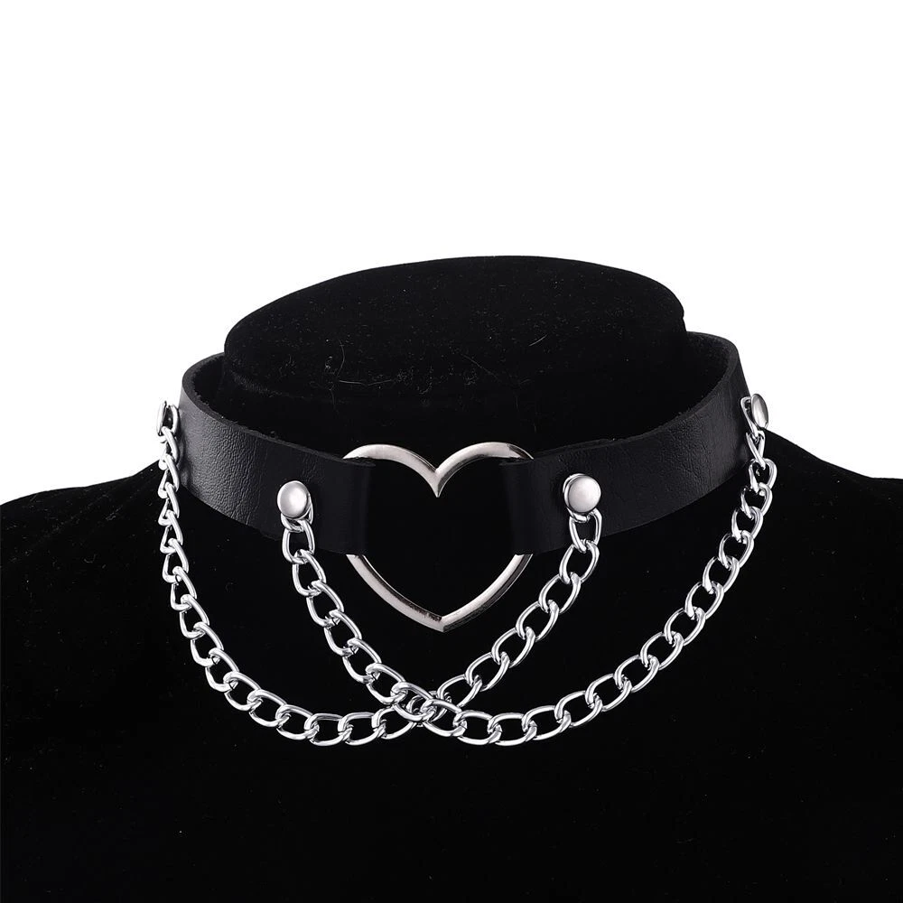 Punk Chain Choker Necklace For Women Girls Black Leather Heart Chockers  Collar