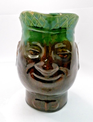 Vintage Bennington Art Pottery Green & Brown Toby Face Jug Pitcher 8'' Tall