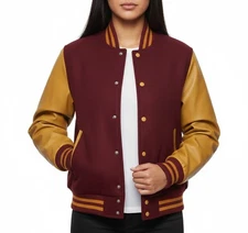 Varsity Letterman Maroon Wool & Real Gold Cowhide Leather Sleeves Bomber Jacket
