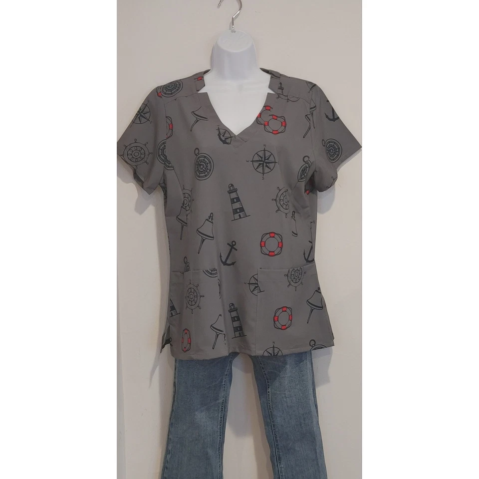 Nautical Print Scrub Top Gray Anchor Compass Lighthouse Medical Uniform - Image 2 of 4