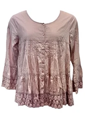 Femme Facon Women Size L Button Up Long Sleeve Hippie Top Mauve Crochet Accent