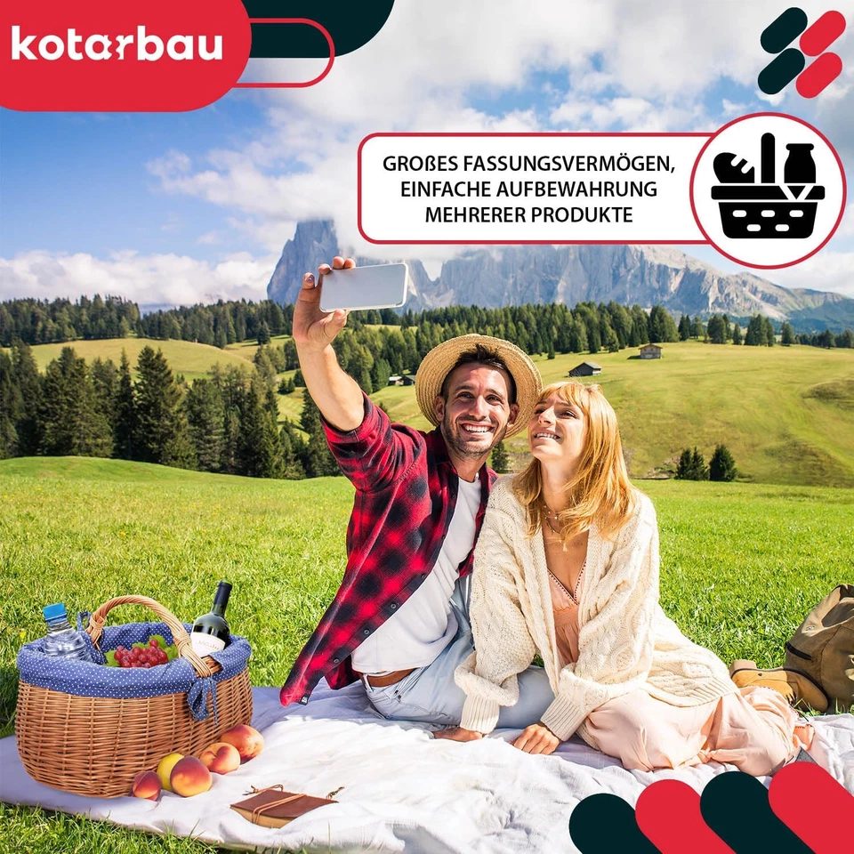 ® Cestino in Vimini Naturale Con Manico, Grande, Con Inserto in Tessuto, Colore - Immagine 2 di 4