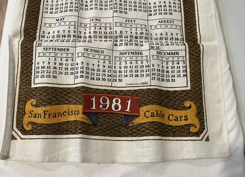 Vintage 1981 Wandkalender Geschirrtuch Leinen handbedruckt Kay Dee San Fran Seilbahn - Bild 5 von 9