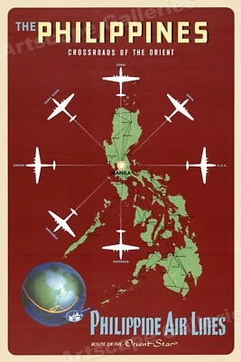 1950s Manila Philippine Airlines Orient Vintage Style Travel Poster - 24x36