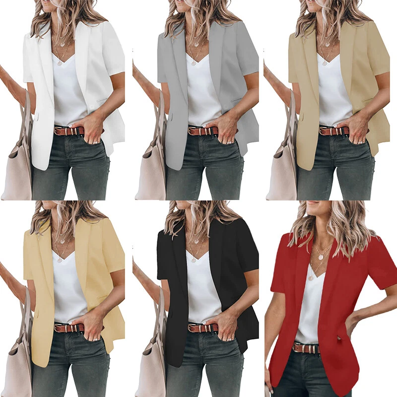 Women's Longline Blazer Suit Slim Tailor Ladies Short Sleeve Coat Formal Jacket✿ - Image 3 of 4
